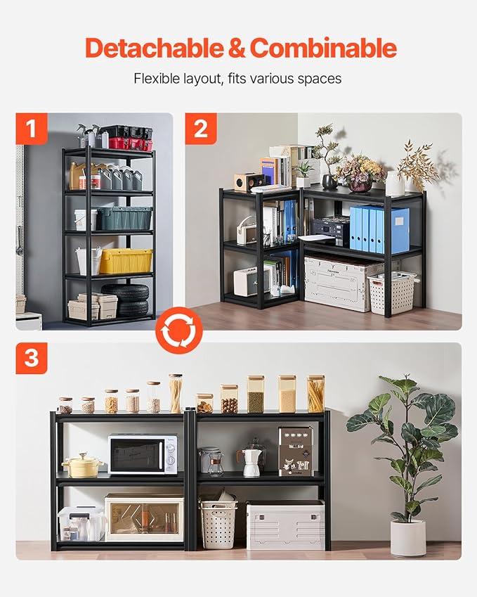 VEVOR Storage Shelves, 2000 lbs, 5 Tier Garage Storage Shelving, 18" D x 36" W x 72" H Adjustable Metal Shelves for Garage Shelves Utility Rack Shelf, Ideal for Kitchen, Warehouse, Basement, Black