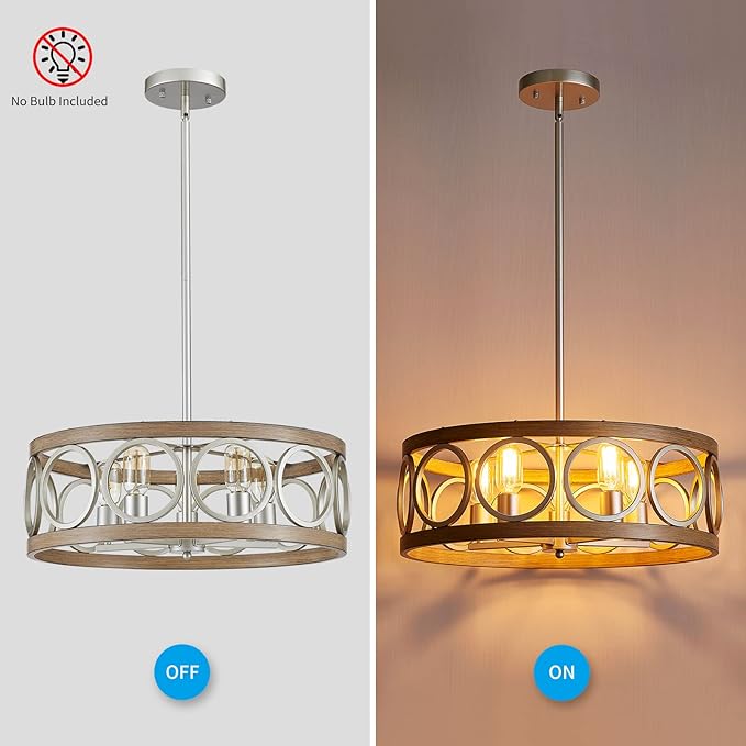 XINGQI Rustic Chandelier Brushed Nickel, Drum Chandeliers for Dining Room Modern Light Fixture Over Table Farmhouse Metal Wood Grain Pendant 5 Lights