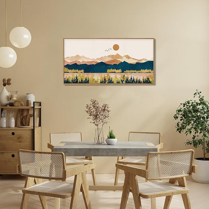 HPINUB Mountain Framed Canvas Wall Art Set, Mid Century Modern Wall Decor, Set of 3 Boho Artwork Nature Art Paintings, Bohemian Art Prints for Living Room, Bedroom, Dining Room, Office - 20"x40"