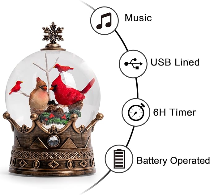 Christmas Snow Globe Lantern Water Glittering Cardinal Crown with Music, USB Lined/Battery Operated Lighted Lantern for Christmas Festival Decoration Gifts