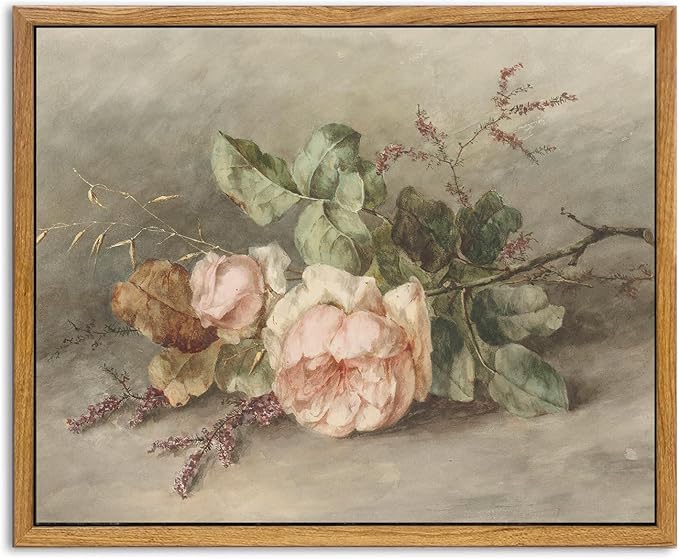 KBKBART Vintage Wall Decor Prints, Retro Still Life Flower Canvas Wall Art, Framed Classical Pink Botanical Print, Vintage Art Painting Flower Wall Decor for Bedroom Living Room Bathroom