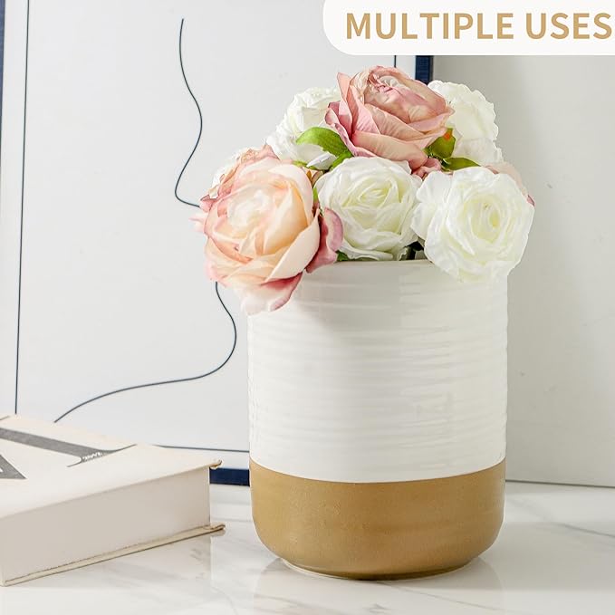 Hasense Large Utensil Holder, 7.4" Cooking Utensil Crock for Kitchen Counter, Ceramic Utensil Organizer Caddy for Kitchen Utensil Set, Vintage Decor for Christmas Gifts, White