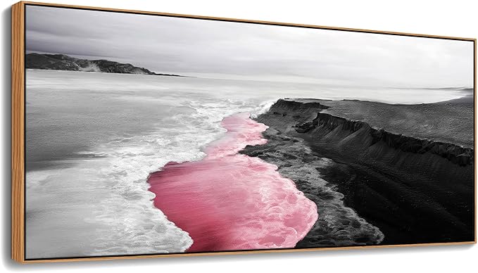 Extra Large Pink Coastal Wall Art - Beach Canvas Wall Decor Black and White Picture for Living Room Bedroom Framed Artwork Ocean Pictures Seascape Painting bedroom Decoration Above Bed Size 70×31Inchs
