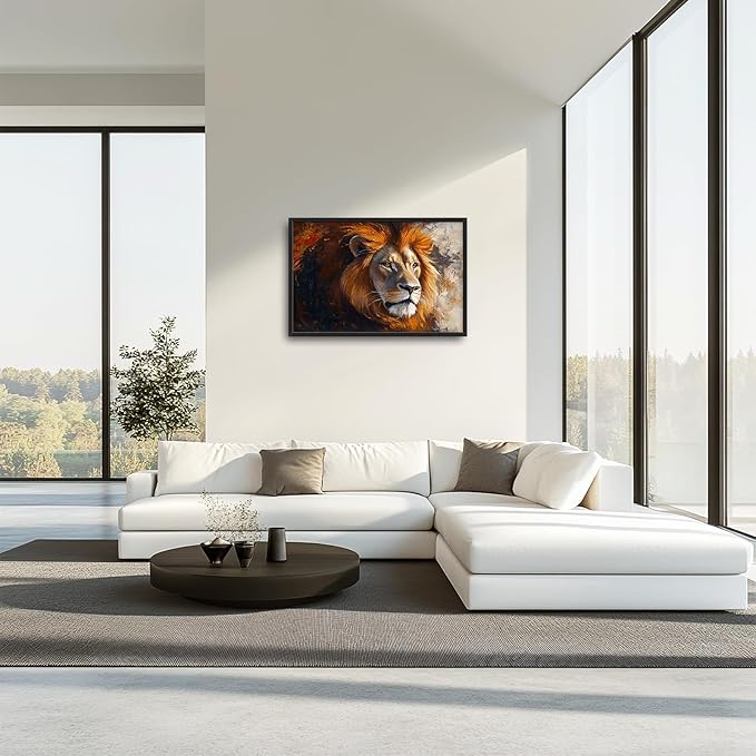 Lion Framed Wall Art for Living Room, Large Brown Lion Canvas Wall Decor, Wild Animal Pictures Painting, Modern Artwork for Bathroom Bedroom Office 36L'' × 24W''