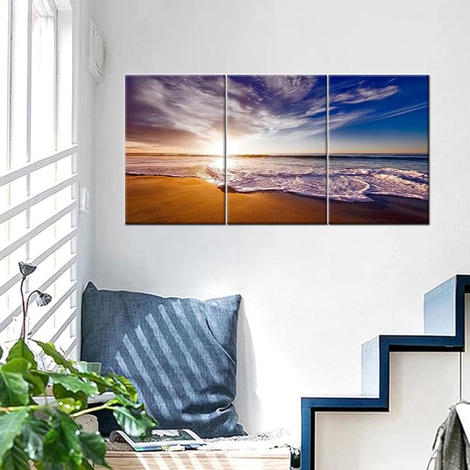 Beach Landscape Canvas Poster Wall Art Home Decor Summer Sunset 3 Pieces Picture Print Seascape Painting Artwork for Bedroom Dining Room Office Wall Decoration Stretched and Framed [48''W X 24''H]
