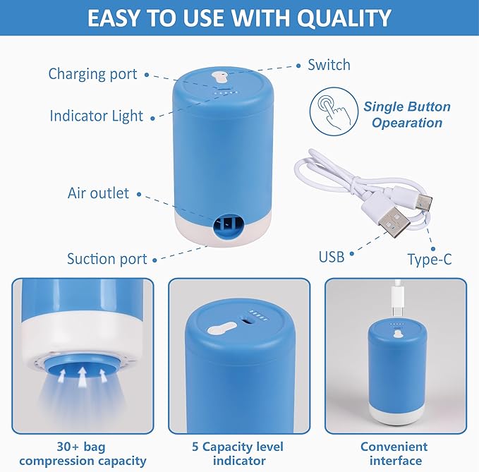 Cozy Essential Travel Vacuum Bags with Electric Pump, 10 Pack Vacuum Travel Bags for Luggage and Suitcase, Vacuum Seal Space Saver Compression for Clothes Clothing