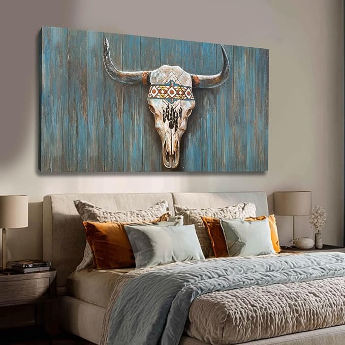 Cow Canvas Wall Art Animal Pictures for Living Room Blue Wall Decor Colorful Artwork Large Poster Prints Arts 24"x48"