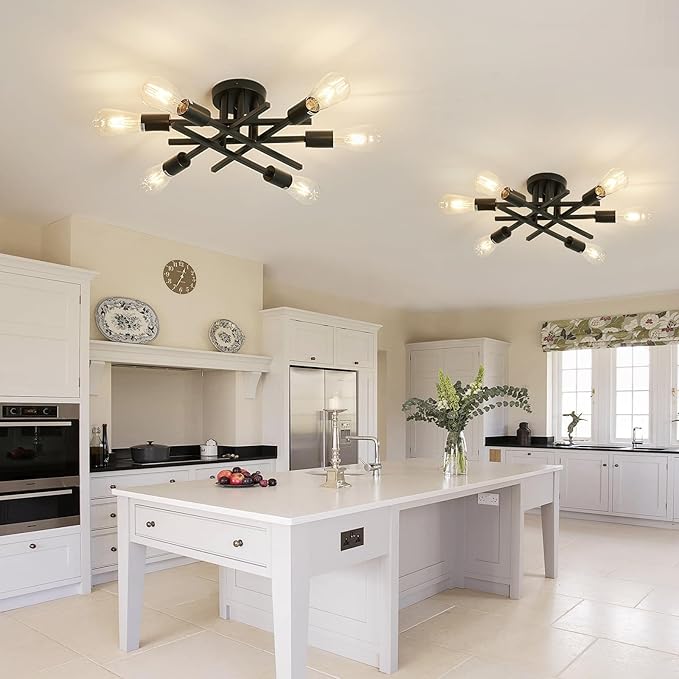 ASGYISA 6-Lights Semi Flush Mount Ceiling Light Fixture 2-Pack Black Vintage Matte Sputnik Chandelier Ceiling Lamp for Farmhouse Dining Room Living Room Bedroom Kitchen Entryway