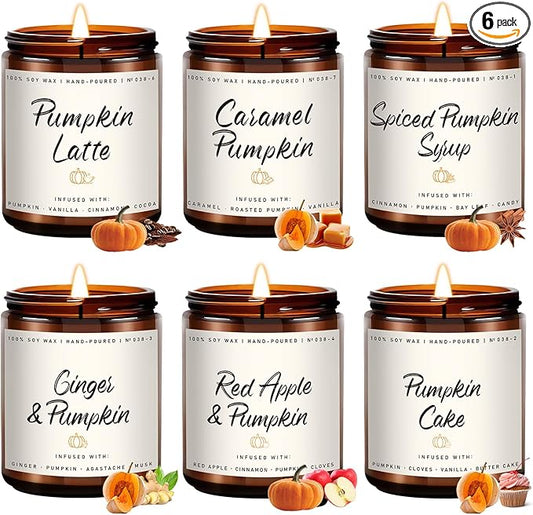 Auelife Fall Scented Candles - Pumpkin Candle Set of 6 | Ginger, Apple, Cake, Caramel, Latte & Spiced Pumpkin Soy Candles | Autumn Candle for Home Décor & Gifts for Women, Cozy Fall Aromatherapy