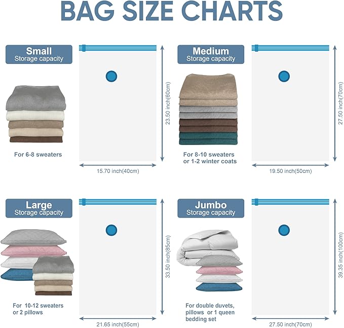Space Saver Vacuum Storage Bags, 6 Pack Combo (2 Jumbo/2 Large/2 Medium) Space Saver Bags with Pump, Storage Vacuum Sealed Bags for Clothes, Comforters, Blankets, Bedding