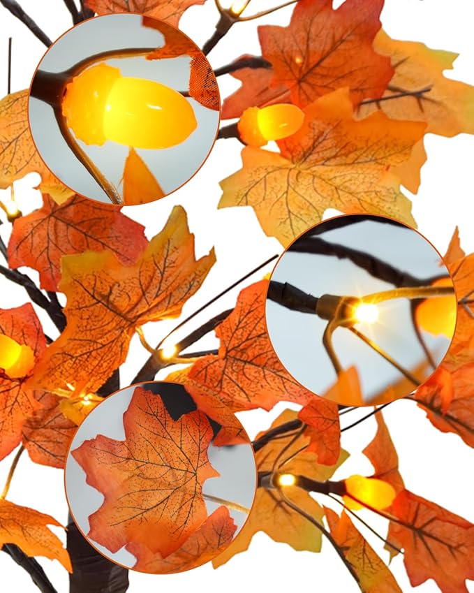 Uieke 24inch Lighted Artificial Fall Maple Tree Fall Decor 24 LED Tabletop Fall Tree with 6 Pne Cones Lights Battery Operated with Timer, Fall Decorations for Home Thanksgiving Autumn Harvest Decor