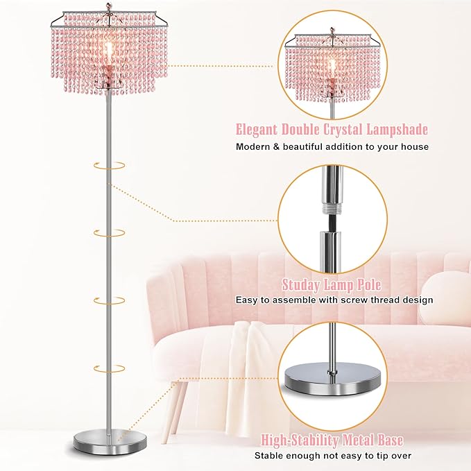 Luvkczc Pink Crystal Floor Lamp, 64" Tall Standing Lamps with Double-Layer Lampshade, Floor Lamps with On/Off Foot Switch, Elegant Floor Lamp for Living Room, Girl Bedroom, Dresser, Office