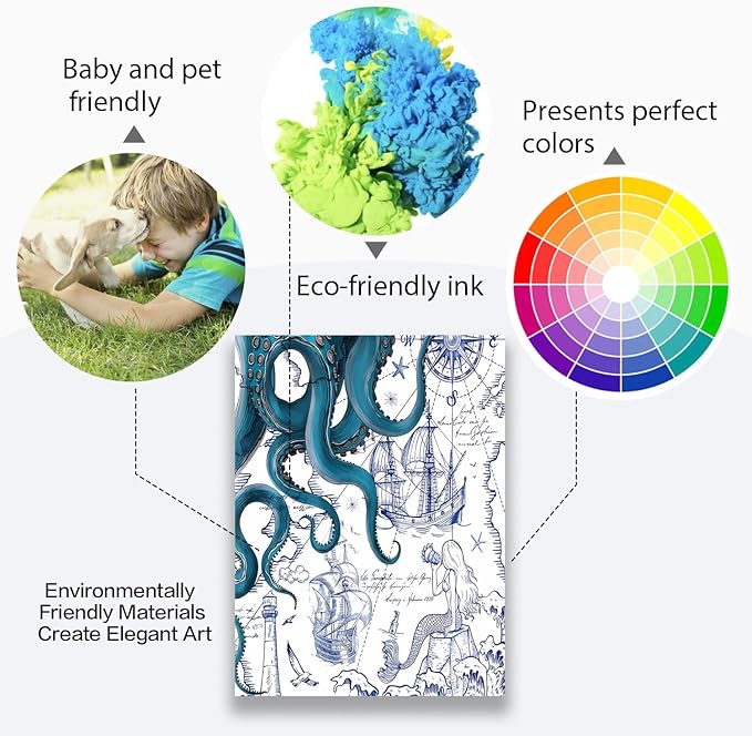 Nautical Ocean Wall Art, Coastal Canvas Print with Octopus and Ships, Blue Marine Life Artwork Decor for Bathroom, Coastal Bedroom, Living Room or Beach House 12 x 16 inches