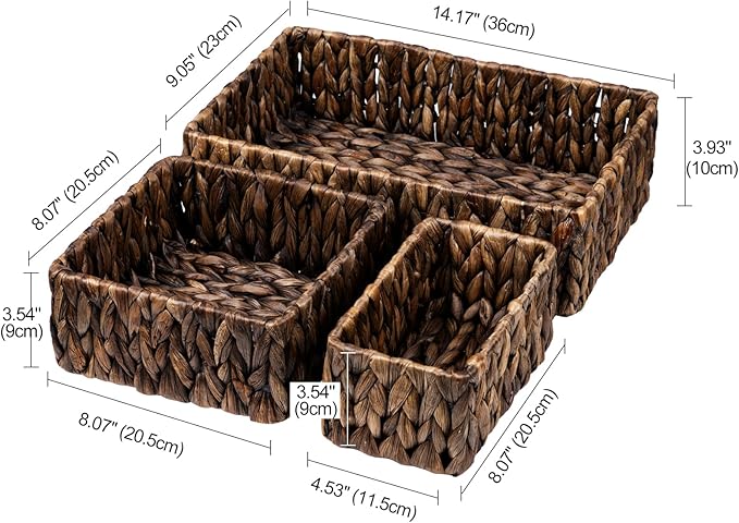 FairyHaus Wicker Baskets for Organizing 3Pack, Large and Small Wicker Storage Baskets Set, Hand Woven Baskets for Storage, Brown Water Hyacinth Storage Baskets for Pantry Shelf