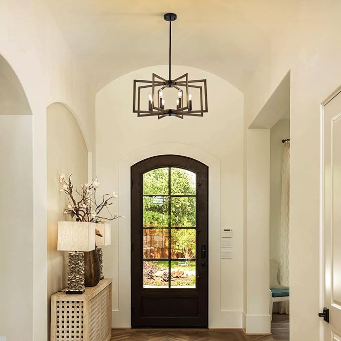 8-Light Metal Geometric Chandelier，Large Kitchen Pendant Lighting Over Island，Farmhouse Dining Room Light Fixture，Wood Grain Finish and Black Modern Chandelier