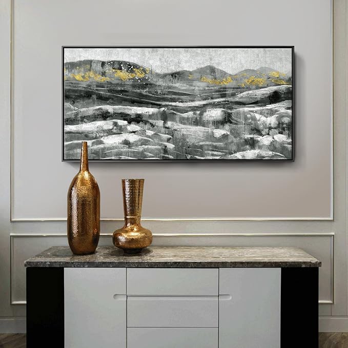 Black Framed Wall Art for Living Room Abstract Mountain & Sea Nature Landscape White Ocean Waves Picture Modern Minimalist Textured Seascape Painting Coastal Canvas Print Neutral Artwork 24x48inch