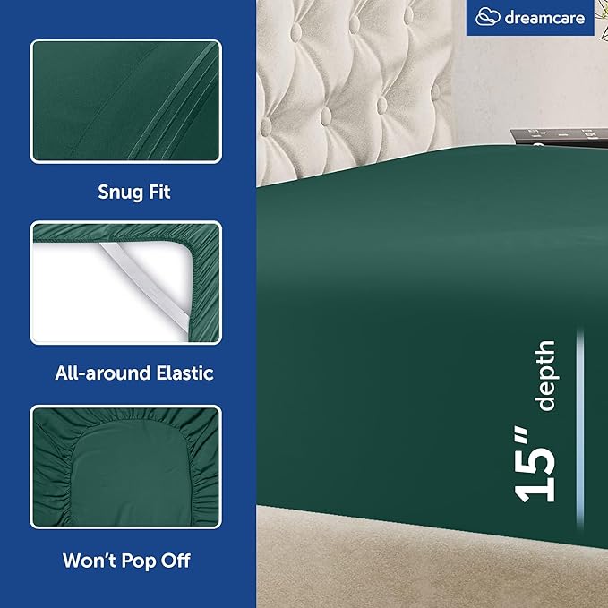 DREAMCARE Queen Sheet Set – 6 pcs Cooling Bed Sheets – up to 15” Deep Sheets Queen Size Bed Set – 2500 Supreme Collection – Extra Soft 100% Brushed Microfiber Hotel Luxury with Side Pocket – E Green
