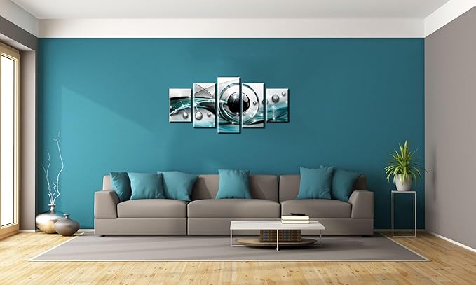 AWLXPHY Decor Abstract Canvas Wall Art Blue Black Framed Painting for Living Room Decor Modern Simple Circle Line HD Print Artworks Giclee 5 Pieces (Teal, W40 x H20)
