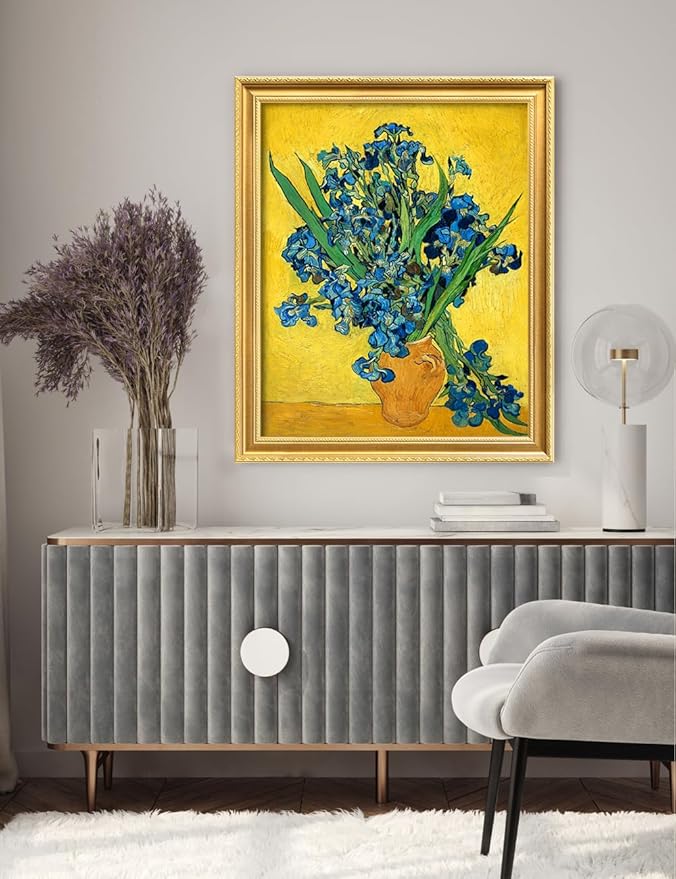 DECORARTS - Vincent van Gogh's Irises in a Vase, Museum-Quality Giclee Canvas Print in Gold Solid Wood Frame, 34.75 x 28.75 in, Ready to Hang, Made in USA