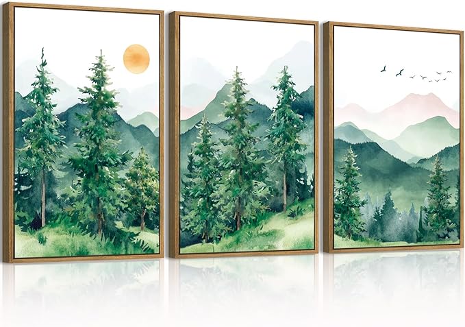 ANHUIB Extra Large Forest Wall Art Green Mountain Wall Decor Set of 3 for Living Room Bedroom Dining Room 24x36 Inch