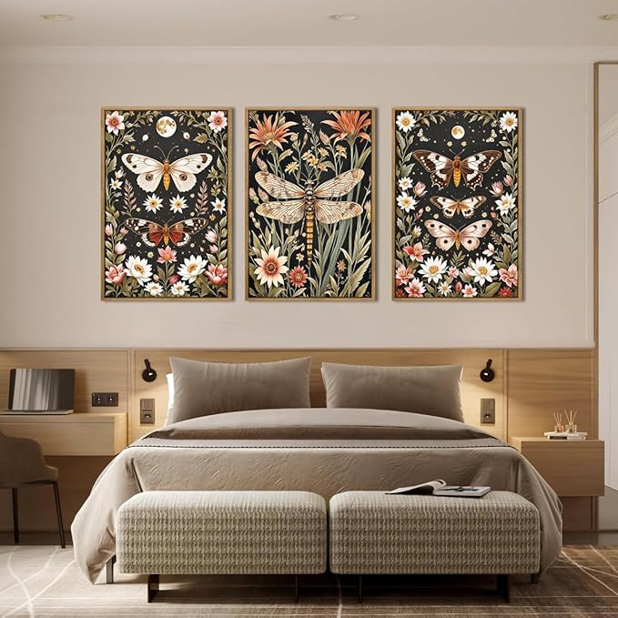 ANHUIB Extra Large Wall Art William Morris Wall Art 24x36 Inch Vintage Floral Wall Decor Butterfly Dragonfly Paintings Set of 3 for Living Room Bedroom Dining Room