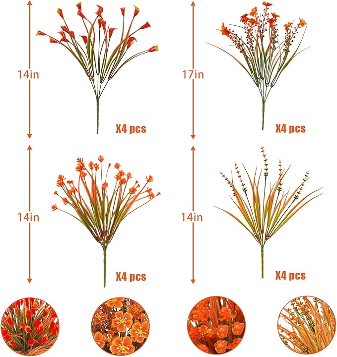 64 Pcs Outdoor Fall Flowers UV Resistant Faux Fall Plants with Fall Daisy Eucalyptus Lavender Artificial Autumn Flowers Greenery for Outside Home Porch Patio Thanksgiving Decoration