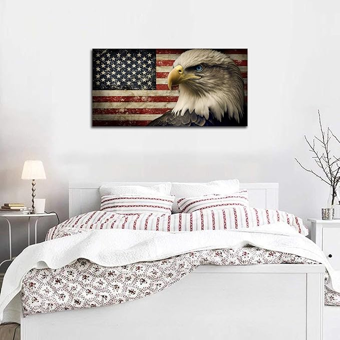 yearainn American Flag Wall Art - Flag of USA with Eagle Canvas Pictures for Wall Decor Patriotic Canvas Printing Artwork Vintage Rustic Design for Living Room Home Office Wall Decoration 29" x 58"