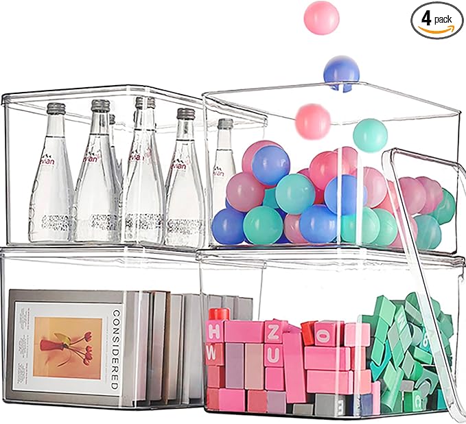 Clear plastic storage bins with LIDS-4packs,storage containers for snacks, cosmetics, books, dog food, Storage Organizer for Nursery，Kitchen, Living room,Bedroom, Bathroom, Office