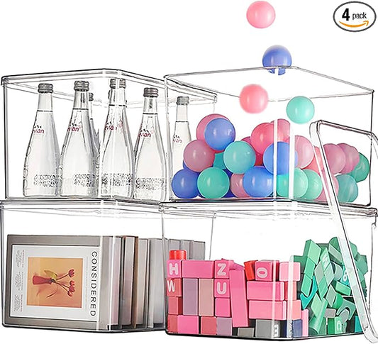Clear plastic storage bins with LIDS-4packs,storage containers for snacks, cosmetics, books, dog food, Storage Organizer for Nursery，Kitchen, Living room,Bedroom, Bathroom, Office