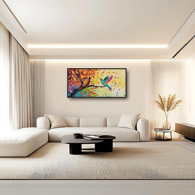 Hummingbird Framed Wall Art for Living Room, Large Bird Canvas Wall Decor, Hummingbirds on Branch Pictures Painting, Modern Artwork for Bathroom Bedroom 60L'' × 30W''