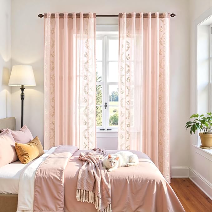 jinchan Belrose Pink Floral Sheer Curtains for Living Room 96 Inch Long Voile Embroidered Farmhouse Curtains for Bedroom Ivory Flower Patterned Rod Pocket Window Treatments, 2 Panels Pink