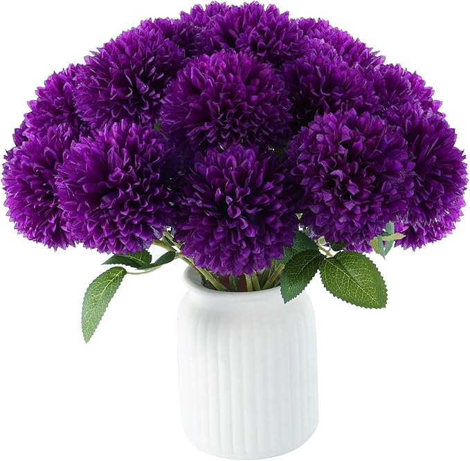 Hananona 12 Pcs Artificial Chrysanthemums Flowers Purple Flowers, Fake Mums Silk Vintage Flower for Home Decor Indoor Floral Arrangement Table Centerpiece (12, Purple)