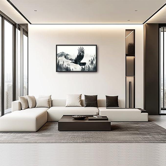 Framed Large Wall Art for Living Room, Flying Bald Eagle Canvas Wall Decor, Large Mountain Forest Pictures Framed Painting, Natural Landscape Artwork for Bedroom Office Home Decor 36L'' × 24W''