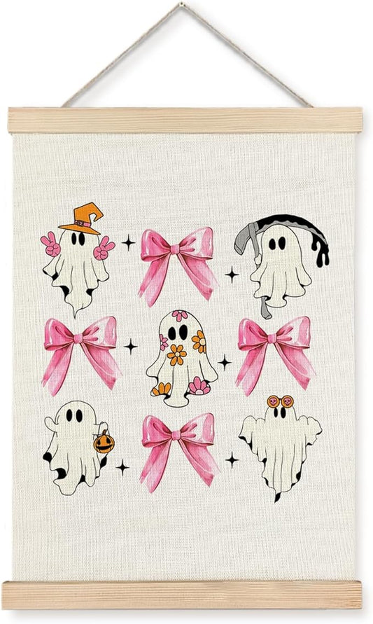 Supwhd Cute Halloween Ghosts Wall Art with Wooden Poster Hanger, Trendy Preppy Pink Bow Coquette Wall Decor, Coquette Preppy Room Decor, Halloween Pictures Wall Decor, 16x24