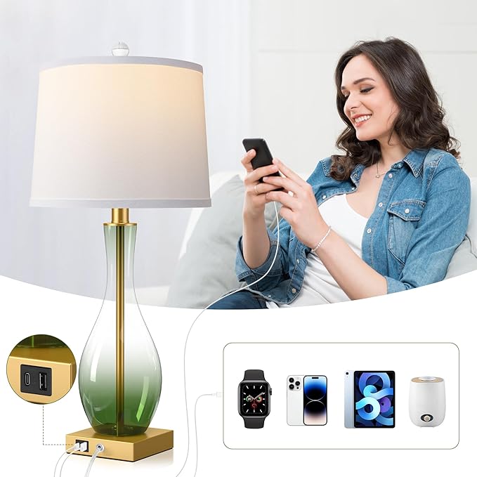 3-Way Dimmable Modern Glass table lamp for Living Room, Green Table Lamps Set of 2 with Touch Control, USB C and A Charging Ports, 27" Bedside Desk Lamps for Nightstand Decorations(LED Bulbs Included)