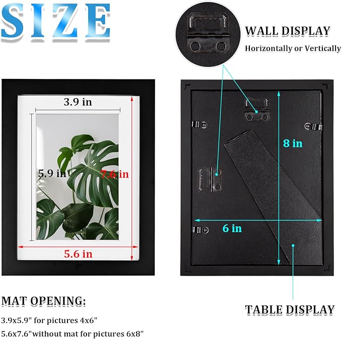 Egofine 6x8 Picture Frames Set of 4, Made of Solid Wood Covered by Plexiglass 4x6 and 5x7 with Mat or 6x8 whitout Mat, for Table Top Display and Wall Mounting Photo Frame Black