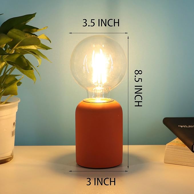 Mini Modern Orange Red Concrete Bedside Table Lamp, 3.5 x 3.5 x 8.5 Inch Nightstand Lamps, with Spherical Bulb Round Side Table Lamp for Bedroom Living Room Entryway Table Lamps