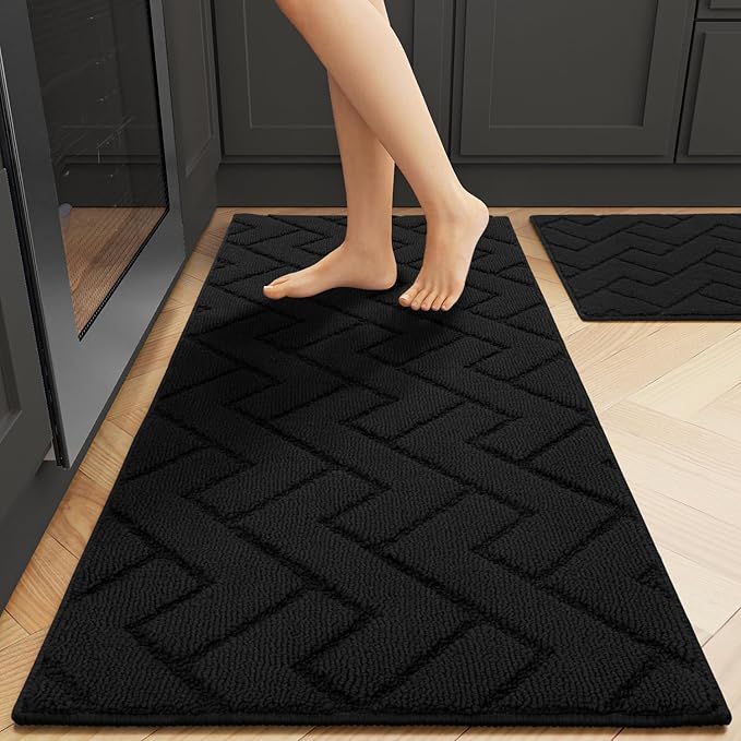 hicorfe Kitchen Rugs and Mats Sets,2 Pieces Super Absorbent Polypropylene Non-Slip Rug,Soft Comfort Floor Mat,Washable for Kitchen,Hallway,Office,Sink,Laundry(20" x 31.5" Plus 20" x 48",Black)