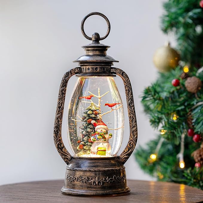 Christmas Snow Globe Lantern Water Glittering Snowman with Christmas Tree, USB Lined/Battery Operated Lighted Lantern for Christmas Festival Decoration Gifts