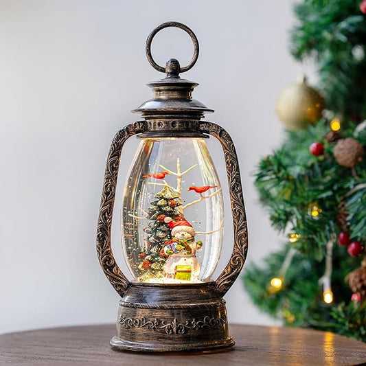 Christmas Snow Globe Lantern Water Glittering Snowman with Christmas Tree, USB Lined/Battery Operated Lighted Lantern for Christmas Festival Decoration Gifts