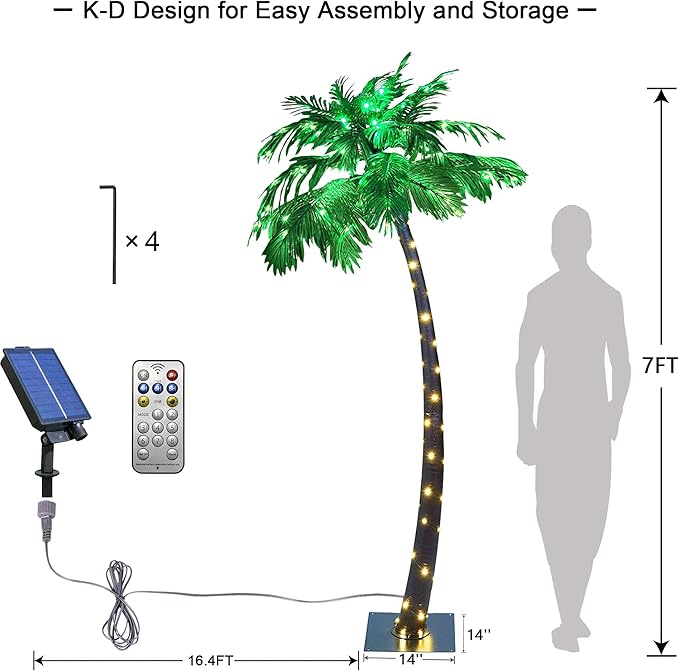 Lightshare 7FT Gorgeous Solar Palm Tree Artificial Tree, 96LED Lights, Decoration for Office, Home, Party, Christmas, Nativity, Outdoor Patio