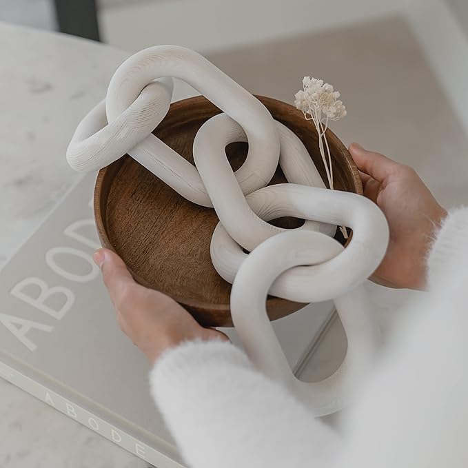 Wood Chain Link Decor - White Wooden Decorative Objects for Shelves, Coffee Table Sculpture, Book Shelf Accessories, Modern Shelf Decor Accents, Console or Entryway Table Decorations