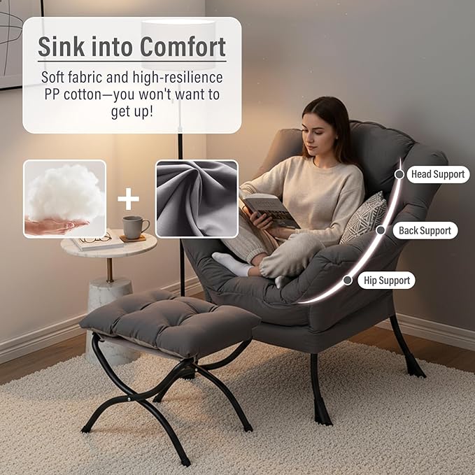 Lazy Chair with Ottoman, Modern Chair with Folding Footrest, Lounge Accent Chair, Comfortable Reading Chair, Oversized Armchairs for Bedroom, Study, Living Room, Courtyard (Dark Grey)
