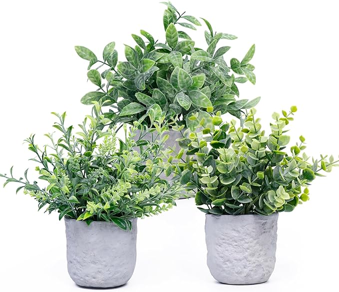 FGSAEOR Mini Potted Fake Plants, Small Artificial Greenery Realistic Plants Topiaries, Low Maintenance, for Home Office Shelf Desk Farmhouse Room Coffee Table Decor (3-Pack) (Grey (Round Pot))