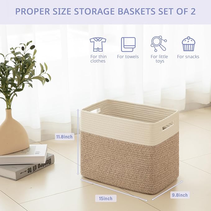 OIAHOMY Storage baskets for Shelf, Toy Storage Basket, Collapsible Storage Bins, Blanket Basket Living Room, Closet Storage for Bedroom, 15 x 9.8 x 11.8 Inches-Pack of 2-Brown, FSB-H-P-02