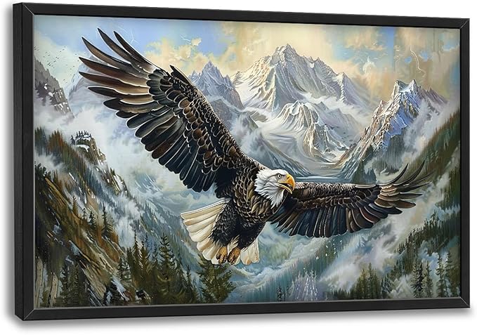 Flintis Large Bald Eagle Wall Art Eagle Mountains Pictures Wall Decor Abstract Animal Canvas Painting Print Artwork Decoration Framed for Living Room Bathroom Master Bedroom Office 36L x 24W