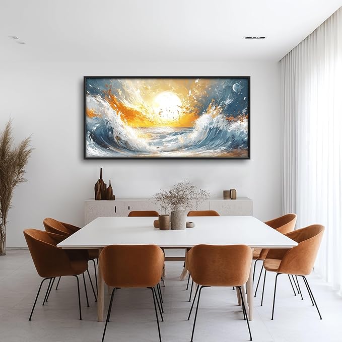 Trulave Ocean Sea Framed Wall Art for Living Room, Large Waves Canvas Wall Decor, Vintage Beach Sunset Pictures, Modern Artwork for Living Room Bedroom 60L'' × 30W''