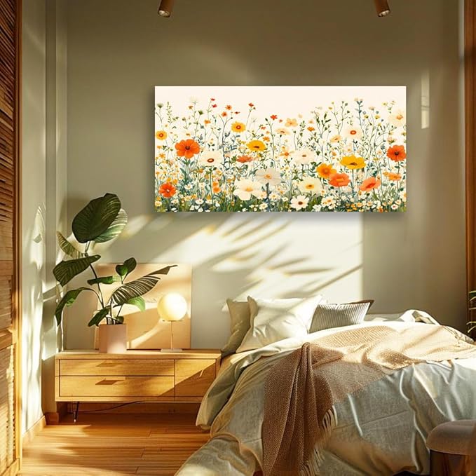 KZKU Floral Canvas Wall Art for Bedroom Living Room Orange and White Wildflowers Modern Botanical Print Watercolor style Flower Picture Artwork Home Wall Decoration