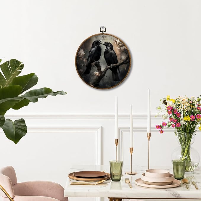 JUIOEIU Gothic Black Raven Round Wall Decor, Dark Academia Black Crow Floral Framed Canvas Prints, Gothic Moody Raven Wall Art Hanging Decorations for Home Bedroom Living Room Decor, 10x10in