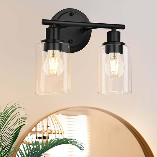 2-Light Bathroom Vanity Light Fixture Black Two Bulb Vanity Bathroom Lights Over Mirror, 2-Light Black Wall Sconce Over Sink
